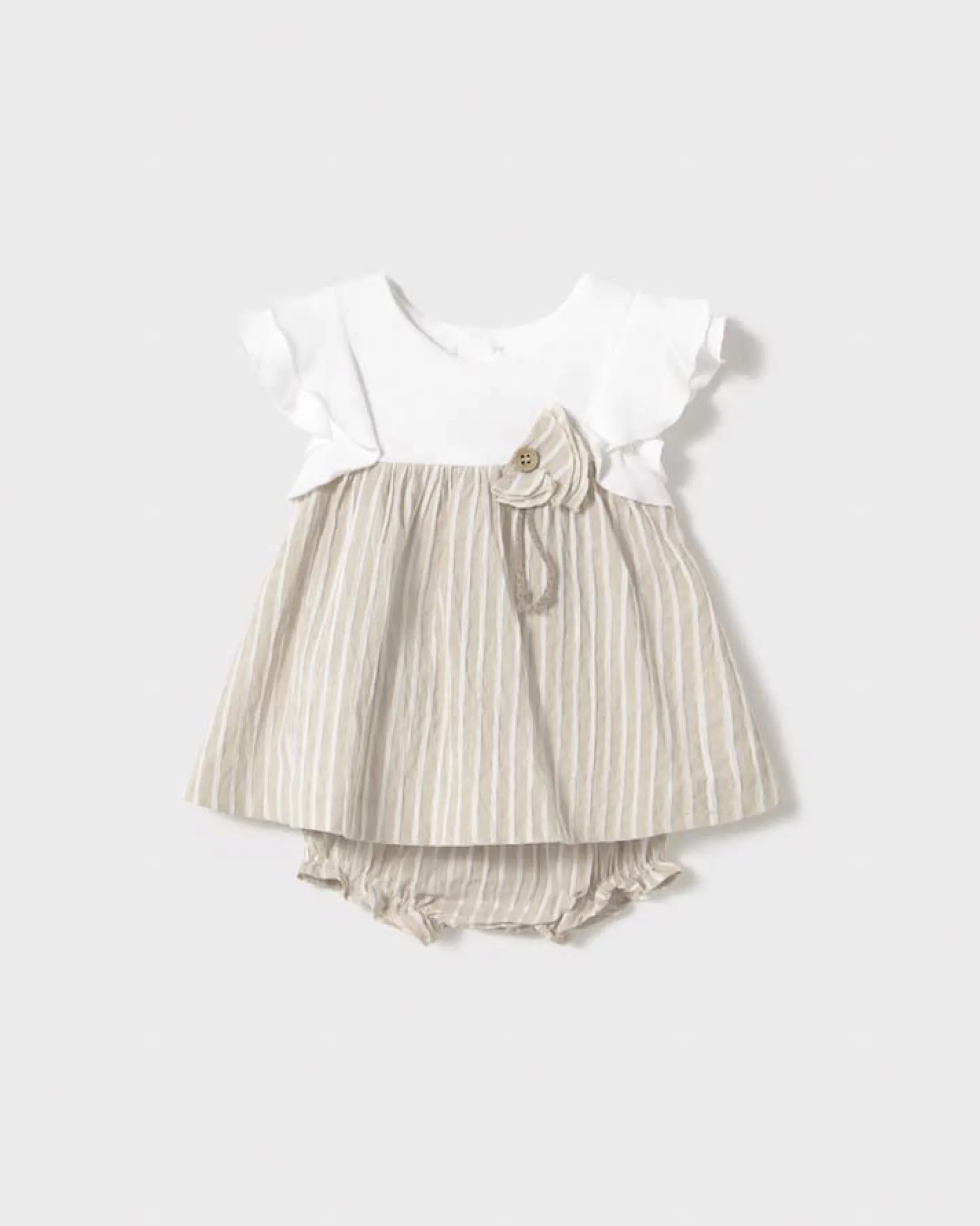 Abitino a righe beige e bianche con rouches e coulotte abbinata