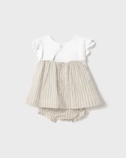 Abitino a righe beige e bianche con rouches e coulotte abbinata