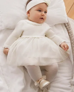 Abito bianco fit and flare a maniche lunghe in misto viscosa con tulle