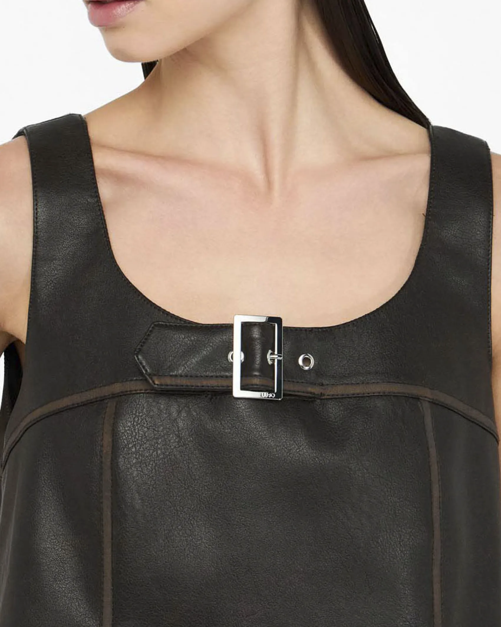 Abito corto Liu Jo Jeans marrone in tessuto spalmato con fibbia