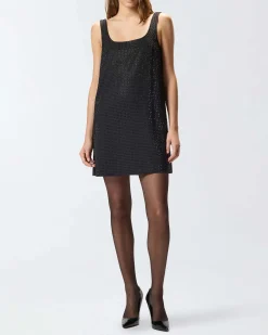 Abito corto nero Pinko senza maniche dalla linea dritta in misto viscosa con strass applicati all over e ampio scollo davanti