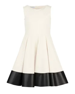 Abito Elsy fit and flare avorio con gonna a faldoni e dettaglio in ecopelle nero