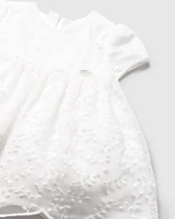 Abito fit and flare bianco con tulle e ricamo a fiori all-over