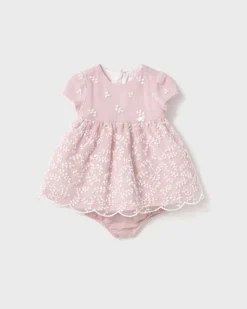 Abito fit and flare rosa con tulle e ricamo a fiori all-over