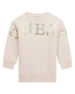 Abito Guess a maxi felpa rosa in puro cotone con scritta logo in pailettes