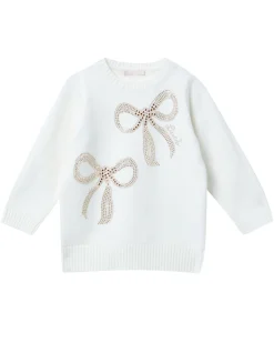 Abito Liu Jo maxi maglia in cotone e lana bianco con fiocchi dorati in strass