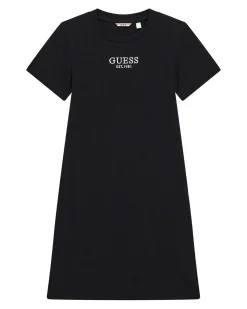 Abito longuette Guess nero a costine in cotone stretch e maniche corte