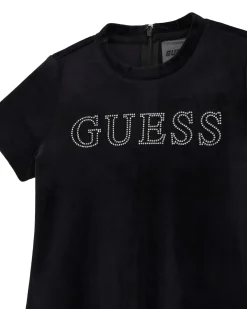 Abito longuette Guess nero in ciniglia a maniche corte con logo in strass