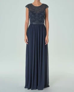 Abito lungo blu navy in georgette con corpetto a maniche ad aletta ricamato in perline tono su tono