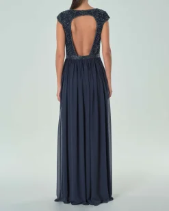 Abito lungo blu navy in georgette con corpetto a maniche ad aletta ricamato in perline tono su tono