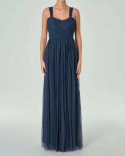 Abito lungo blu navy in tulle senza maniche e corpetto con drappeggio incrociato