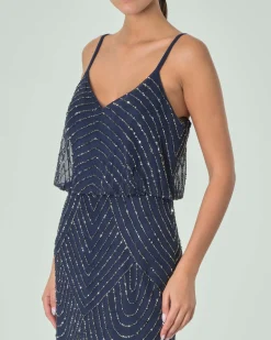 Abito lungo blu navy senza maniche con spalline sottili e taglio in vita rimborsato con ricami in perline tono su tono