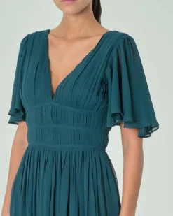 Abito lungo color petrolio in georgette con scollo a V e maniche corte ampie ad aletta