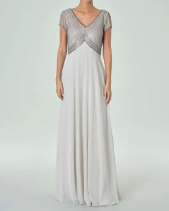 Abito lungo grigio perla stile impero in tulle con ricami in perline silver sul busto
