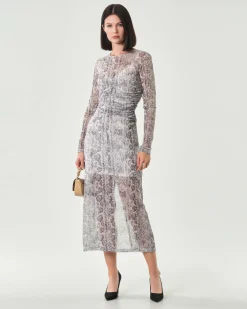 Abito lungo in tulle a fantasia pitonata Emme Marella con arricciatura e maniche lunghe