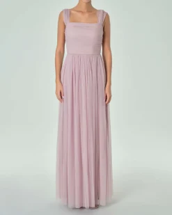 Abito lungo rosa tonalità fredda in tulle senza maniche e corpetto drappeggiato
