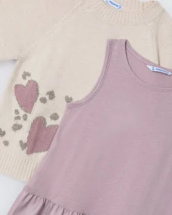 Abito Mayoral a due pezzi con maglia e sottoveste malva e beige
