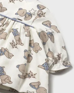 Abito Mayoral avorio fit and flare a maniche lunghe in velluto con stampa orsetti