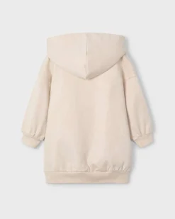 Abito Mayoral color panna a maniche lunghe in felpa di cotone stretch con cappuccio e orsetto