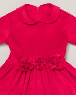 Abito mezza manica rosso in velluto con applicazione floreale 4-6 anni