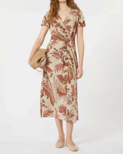Abito midi beige Weekend Max Mara a fantasia foliage rosa con motivo a nodo sul fianco