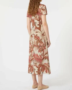 Abito midi beige Weekend Max Mara a fantasia foliage rosa con motivo a nodo sul fianco