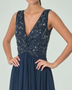 Abito midi blu navy in tulle con corpetto smanice ricamato in paillettes con dettaglio a nodo in vita
