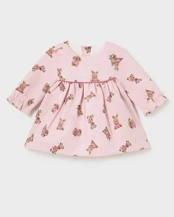 Abito mini Mayoral rosa fit and flare in velluto con stampa orsetti a maniche lunghe