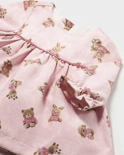 Abito mini Mayoral rosa fit and flare in velluto con stampa orsetti a maniche lunghe