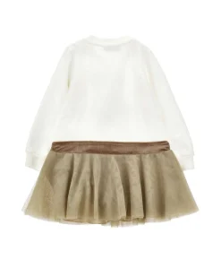 Abito Monnalisa avorio e beige con gonna in tulle e orsetto in strass