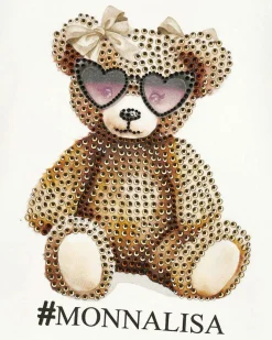 Abito Monnalisa avorio e beige con gonna in tulle e orsetto in strass