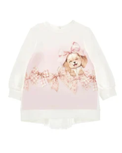 Abito Monnalisa color avorio a maniche lunghe in felpa di cotone stretch con cagnolino e fiocchi