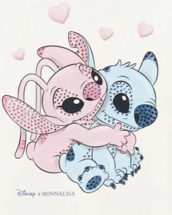 Abito Monnalisa con gonna in tulle rosa e t-shirt a manica lunga avorio con stampa Stitch Disney