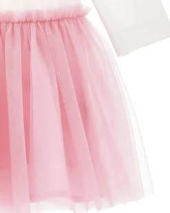 Abito Monnalisa con gonna in tulle rosa e t-shirt a manica lunga avorio con stampa Stitch Disney