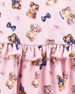 Abito Monnalisa mini rosa in viscosa stretch con stampa orsetti all-over
