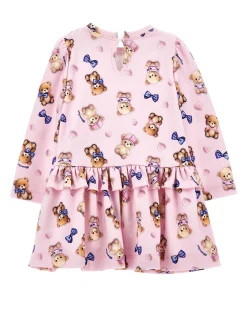 Abito Monnalisa mini rosa in viscosa stretch con stampa orsetti all-over