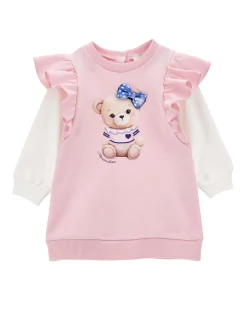Abito Monnalisa rosa a in felpa di cotone stretch con volants e maniche lunghe bianche