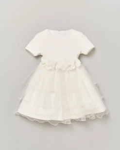 Abito panna a manica corta con inserto in tulle e applicazione floreale 6-36 mesi