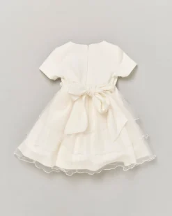 Abito panna a manica corta con inserto in tulle e applicazione floreale 6-36 mesi