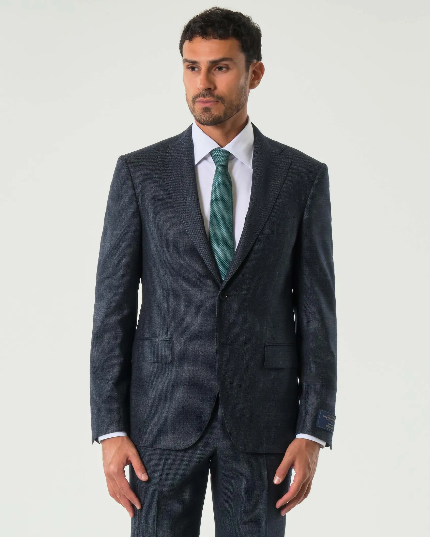 Abito Pellizzari drop6 blu micro pied de poule in tela di lana e seta Vitale Barberis Canonico