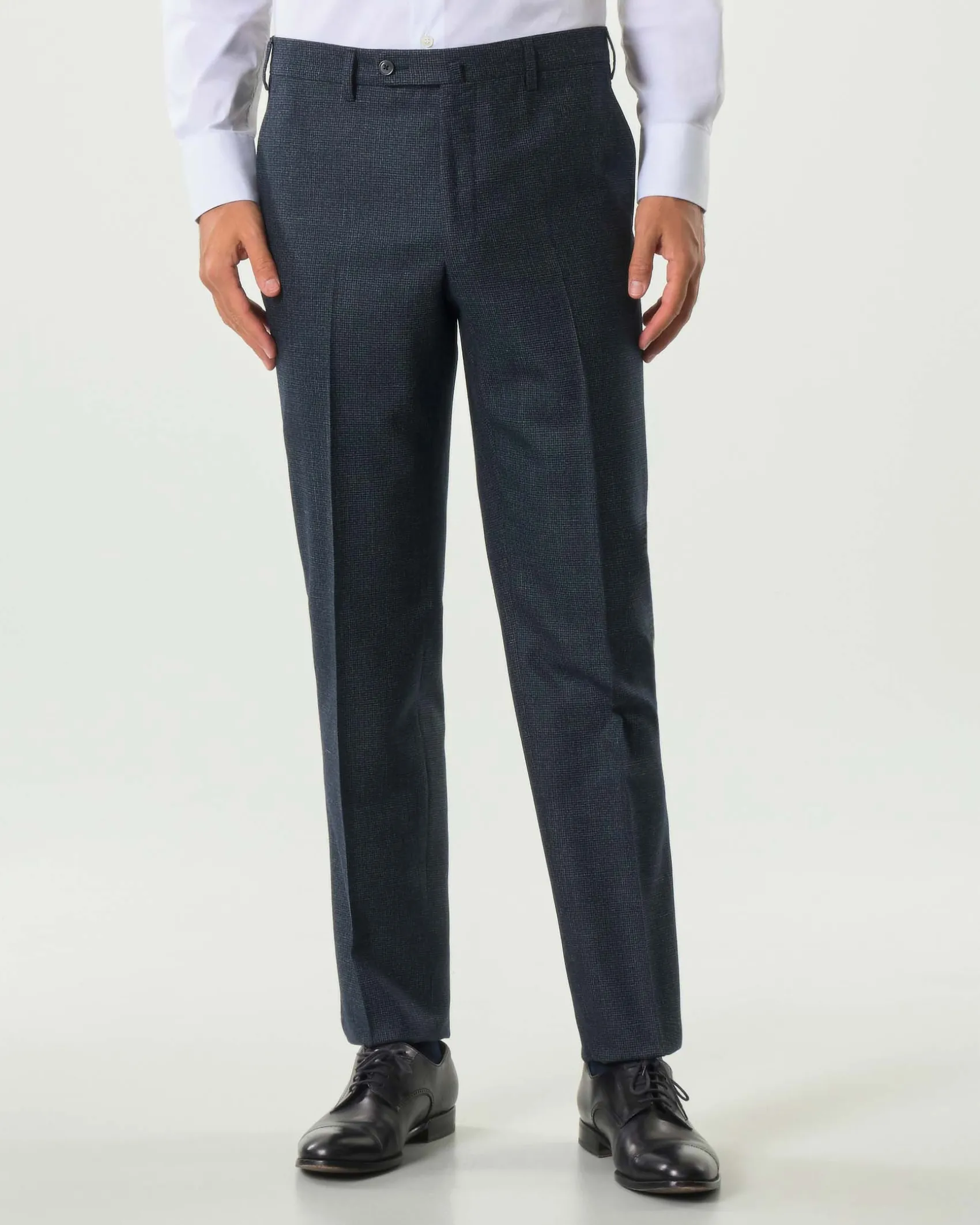 Abito Pellizzari drop6 blu micro pied de poule in tela di lana e seta Vitale Barberis Canonico