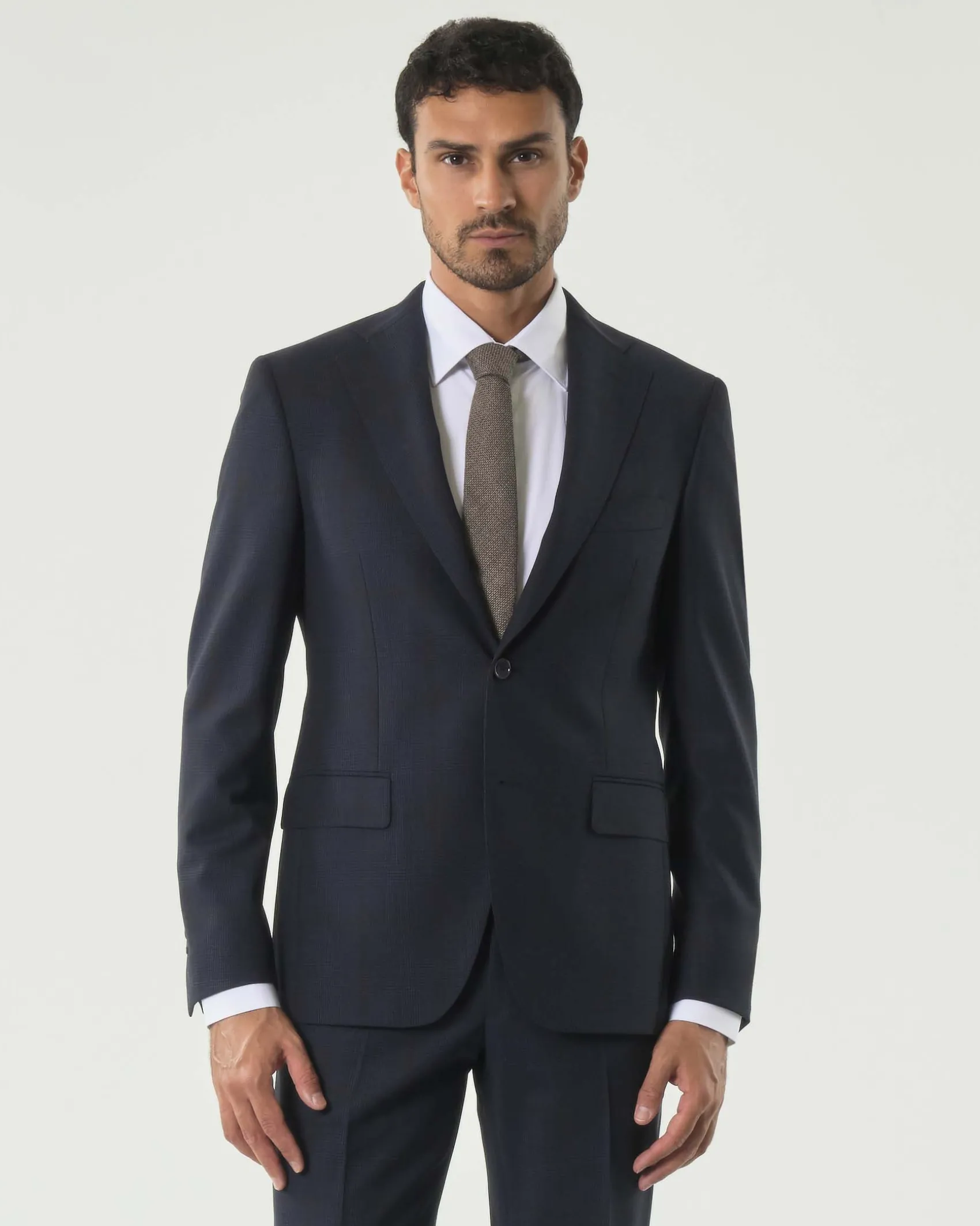 Abito Pellizzari drop7 in tela di lana Vitale Barberis Canonico principe di Galles blu e moro soffuso