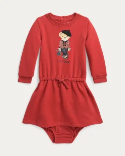 Abito Ralph Lauren rosso in felpa di cotone con ricamo Polo Bear
