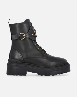 Anfibi neri Pinko in pelle modello Mia con cinturino personalizzato con logo Love Birds dorato