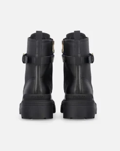 Anfibi neri Pinko in pelle modello Mia con cinturino personalizzato con logo Love Birds dorato
