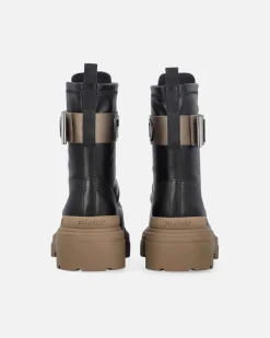Anifibi neri Pinko in pelle senza lacci con suola e fascetta con scritta logo color khaki