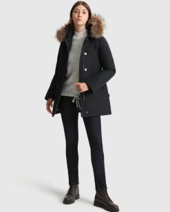 Arctic Parka slim fit blu imbottito in piuma naturale con bordatura in pelliccia