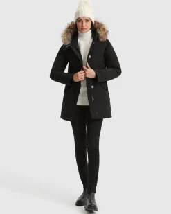 Arctic Parka Woolrich nero slim fit imbottito in piuma naturale con bordatura in pelliccia