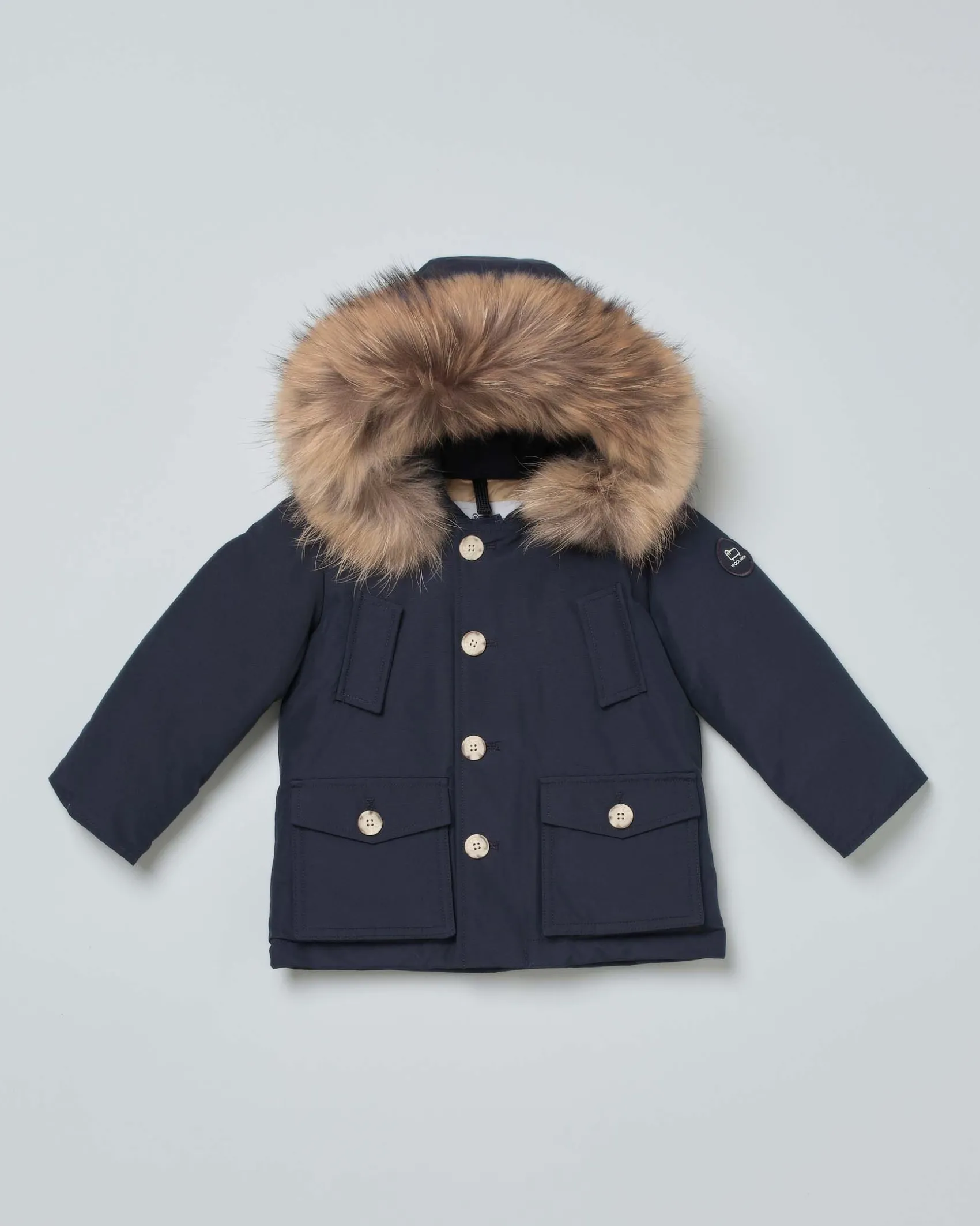 Baby Arctic Parka Woolrich blu con cappuccio e pelliccia staccabili