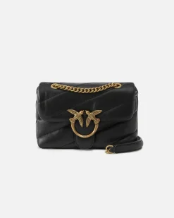 Baby Love Puff Bag in pelle nera a motivo quilted con tracolla a catena dorata e fibbia Love Birds